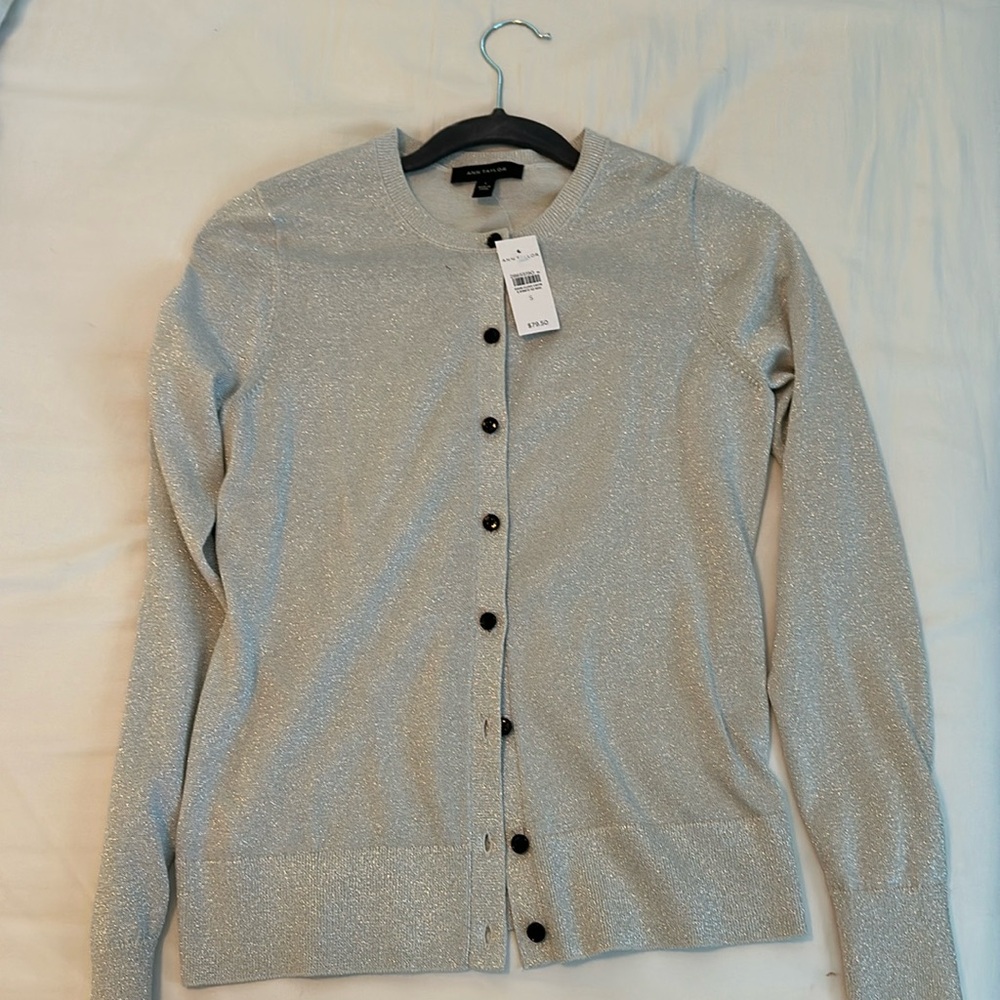 Ann Taylor cardigan - shimmery silver with black buttons. New with tags.